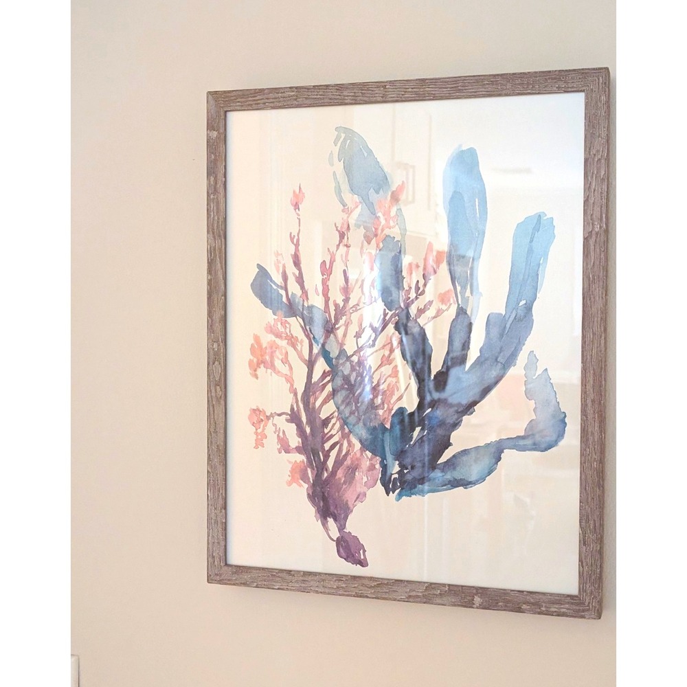 Framed Wall Art Print Coastal Coral Blue Pink 19x15 Vertical Ready to Hang